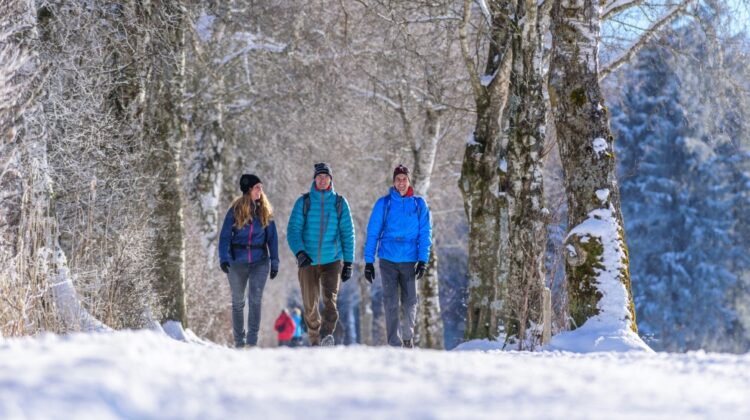 Menschen beim Winterwandern in Bayern, umgeben von verschneiten Wäldern und malerischer Winterlandschaft