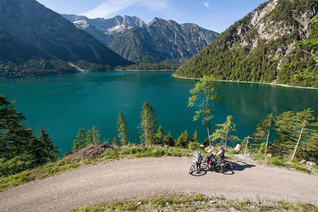 Fahrradfahrer bei einer Rundtour am Plansee, umgeben von malerischer Berglandschaft und klarem, ruhigem Wasser.